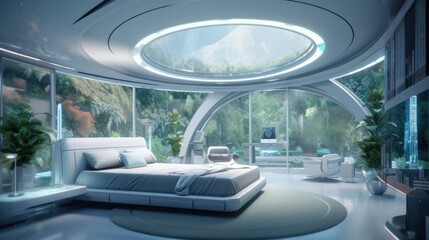 Futuristic Waterfall House Design Bedroom Interior Style Background - Bedroom in the Futuristic Waterfall House Apartment Design Indoor Home Decor Wallpaper created with Generative AI Technology