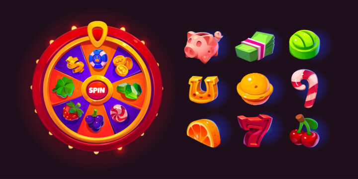 Game spin fortune wheel slot for ui casino vector. Lucky prize set with roulette, button, horseshoe, seven, cherry and candy isolated glow element. Fortuna round lottery to play and win free gift