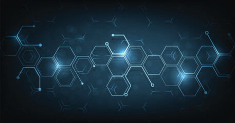 Background of hexagon geometric dark blue pattern bright. healthcare medical and technology background.Graphic digital science concept design.	