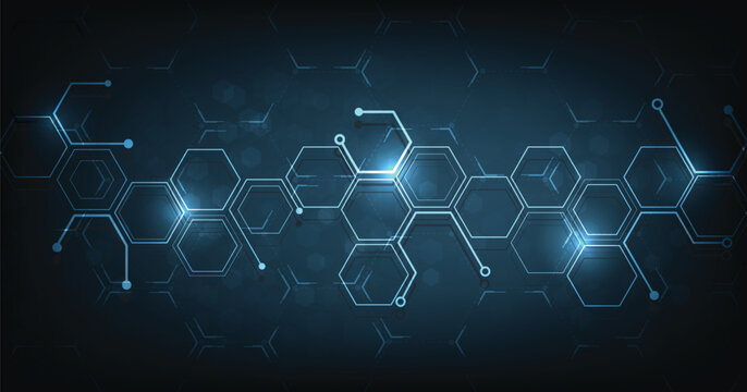Background of hexagon geometric dark blue pattern bright. healthcare medical and technology background.Graphic digital science concept design.	