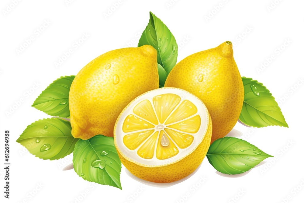 Poster lemons with leaves isolated on white background. generated by ai.