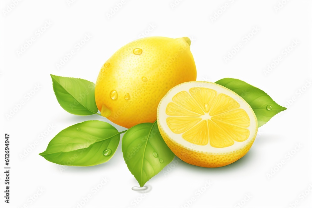 Poster lemons with leaves isolated on white background. generated by ai.