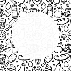 Food backgrond with place for text. Drawn food illustration