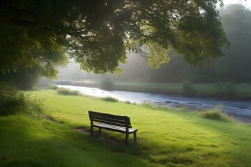 A picturesque bench positioned on verdant grass overlooking a flowing river in Dunkeld.