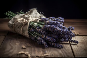 A bundle of fresh lavender, tied with a rustic string, sits on a wooden surface with a blurred garden background.