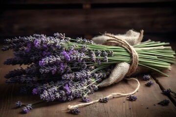 A tied bundle of aromatic lavender flowers freshly harvested from the fields.