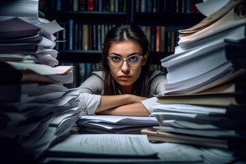 Tired young woman working at office full of paperwork. Generative AI, Generative AI