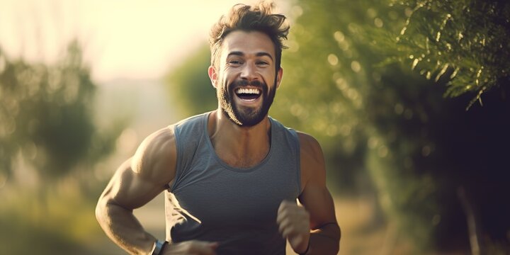 Man exercising running outdoors and smiling. Generative AI, Generative AI