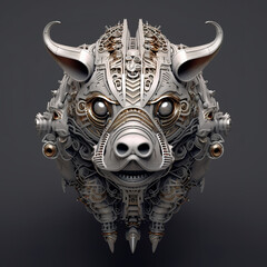 A close up of a sculpture of a bull's head. Generative AI. Mechanical creature.