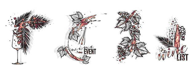 Wine designs - Collection of wine glasses and bottles - Hand drawn elements for invitation cards, advertising banners and menus. Wine glasses with splashing wine. Sketch vector illustration.