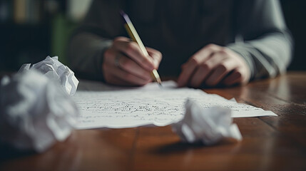 Hand writing on blank paper with crumpled paper ball. Generative AI