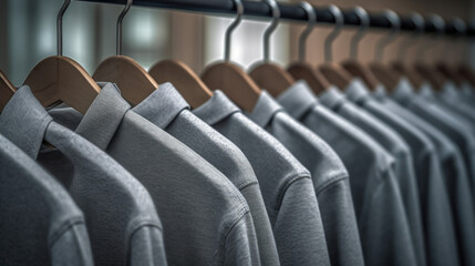 Naklejka na ściany i meble Gray clothing on the hangers. Generative AI