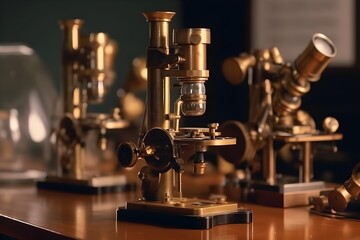 Fototapeta na wymiar Two vintage binocular microscopes with brass lenses on a table.