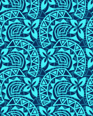 Curve and flower hawaii pattern seamless on the blue background.