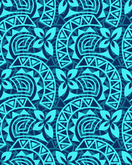 Curve and flower hawaii pattern seamless on the blue background.