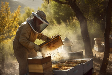 Illustration of beekeeper working with bees in golden hour light - obrazy, fototapety, plakaty