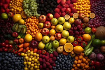 A colorful display of various fruits and vegetables arranged in a natural setting.