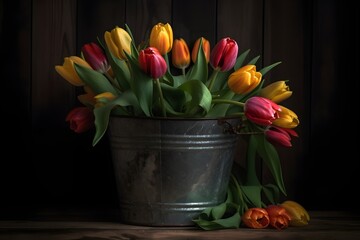 A rustic arrangement of bright tulips in a metal pail.