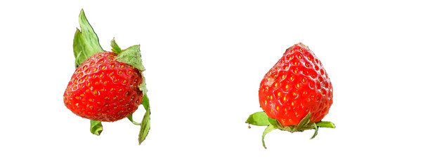 Floating ripe strawberries isolated on white background. Fresh healthy food concept. fly in the air.