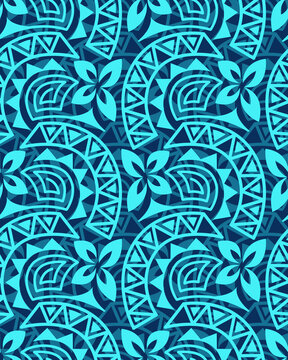 Curve and flower hawaii pattern seamless on the blue background.