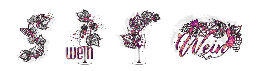 Wine designs - Collection of wine glasses and bottles - Hand drawn elements for invitation cards, advertising banners and menus. Wine glasses with splashing wine. Sketch vector illustration.