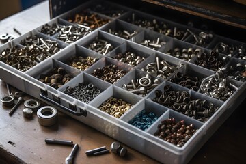 Assorted nuts, bolts, and screws of various shapes and sizes arranged in a collection.