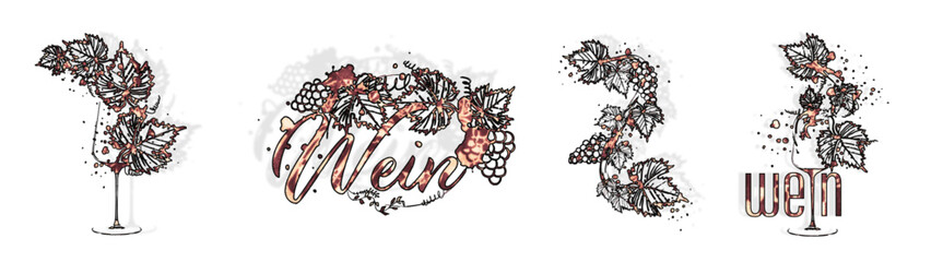 Collection of wine glasses and bottles - Wine Designs - Hand drawn elements for invitation cards, advertising banners and menus. Wine glasses with splashing wine. Sketch vector illustration.