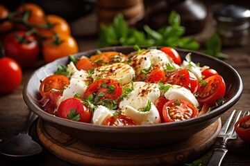 Mediterranean salad with mozzarella and cherry tomatoes. Generative AI, Generative AI - obrazy, fototapety, plakaty
