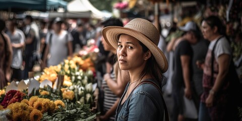 Woman in local farmers market. Generative AI, Generative AI