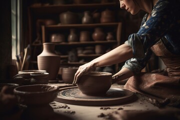 Fototapeta na wymiar Woman hands working on pottery workshop. Generative AI, Generative AI