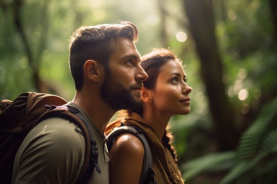 Couple of backpackers exploring the woods. Generative AI, Generative AI