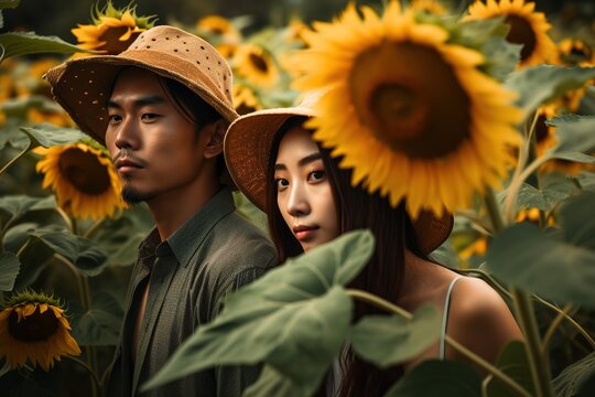 Asian couple among beautiful field of sunflowers. Generative AI, Generative AI