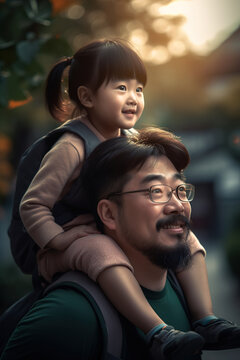 Chinese father with little daughter in his shoulders. Generative AI, Generative AI