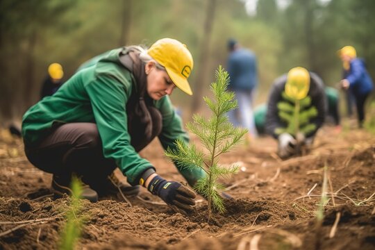 Group of volunteers planting pines in the forest. Generative AI, Generative AI