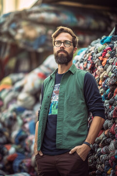 Entrepreneur man working on reusable clothing plant. Generative AI, Generative AI