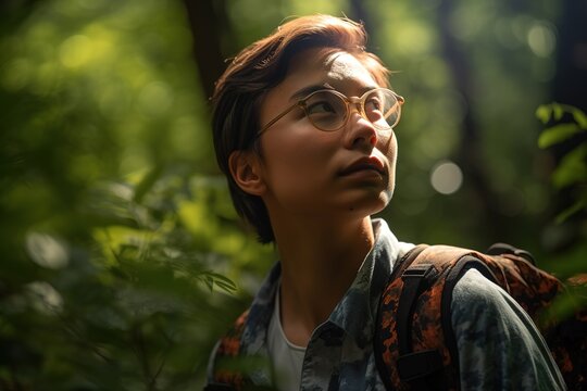 Young non binary Asian person exploring forest. Generative AI, Generative AI