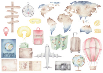 Watercolor set of travel images. Pattern journey. Hand painted trendy illustrations on a travel theme isolated. © Aleksandra Baianova