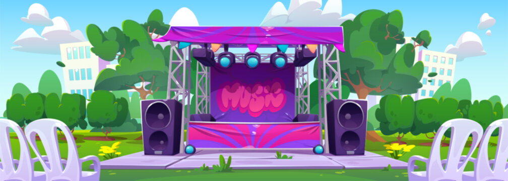 Festival Music Concert Stage Outdoor Public Party Vector Illustration. Open Air Street Performance With Band On Summer Wedding Celebration. Live Musician Rock Entertainment Activity Cartoon Background