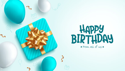 Happy birthday text vector design. Birthday party elements like gift and balloons in pastel color background. Vector illustration greeting card design.