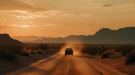 The photo showcases a lone car in the vast desert, bathed in the warm glow of the setting sun. The rugged terrain stretches endlessly, highlighting the isolation and adventure of the scene. The striki