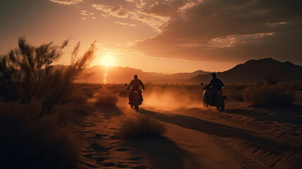 Fototapeta na wymiar The photo captures a powerful motorcycle standing boldly against the backdrop of a desert landscape during a breathtaking sunset. The golden rays of the setting sun illuminate the arid terrain, creati