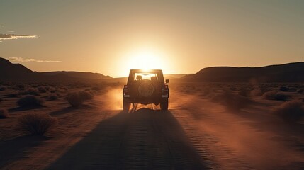 The photo showcases a lone car in the vast desert, bathed in the warm glow of the setting sun. The rugged terrain stretches endlessly, highlighting the isolation and adventure of the scene. The striki