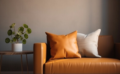 A brown leather couch with two pillows and a potted plant. Generative AI. Blank pillow mockup.