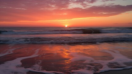 The photo captures a breathtaking sunset over the sea, painting the sky in a mesmerizing palette of warm hues. The golden sun descends towards the horizon, casting a radiant glow across the tranquil w