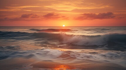 Fototapeta na wymiar The photo captures a breathtaking sunset over the sea, painting the sky in a mesmerizing palette of warm hues. The golden sun descends towards the horizon, casting a radiant glow across the tranquil w