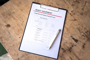 A ballpoint pen is placed on heavy equipment inspection and checklist form. Industrial safety working practive scene and object photo, close-up and selective focus at pen's part.