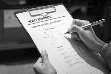 A mechanical engineer is using heavy equipment checklist form for inspecting the factory forklift...