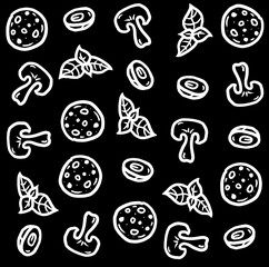 Italian pizza filling illustration seamless pattern texture black and white line art hand drawned