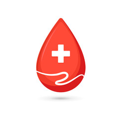Fototapeta premium Blood drop with a cross sign and hand. Blood donation concept. Blood donation logo. Vector illustration.