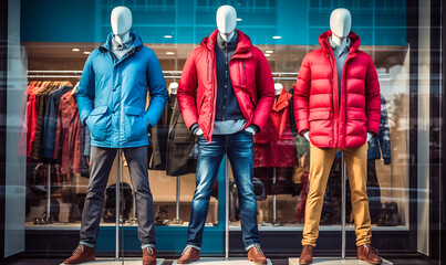 Male mannequins showing outerwear in a shop window. Generative Ai - obrazy, fototapety, plakaty